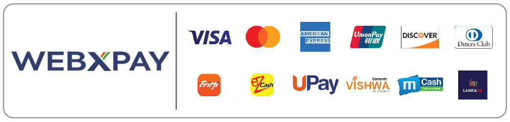 Visa / Master / Amex / Diners Club / Discover / China Union Pay / DFCC Wallet / Sampath Vishwa / eZcash / MCash / FriMi / UPay / Genie